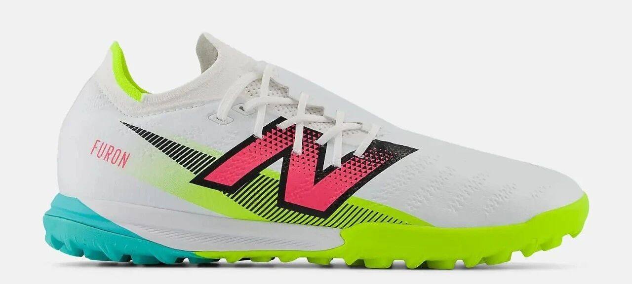 New Balance Men's Furon Pro TF V7+ Soccer Cleat - SF1TH75 (Wide) - White/Hi-lite/Black/Neon Pink / 7 Wide